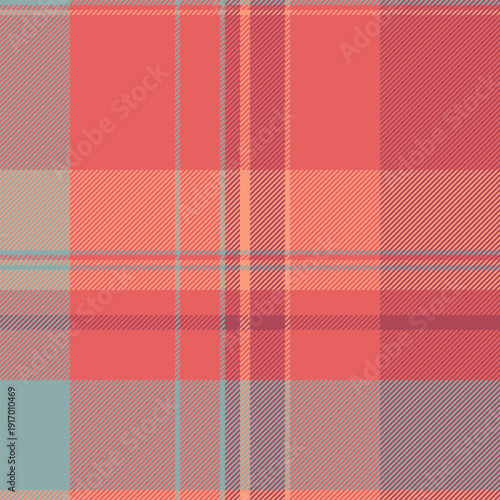 Geometric background textile fabric, customized seamless plaid pattern. Tee check tartan vector texture in red and pastel colors.
