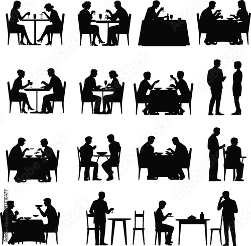 "Collection of black silhouette illustrations depicting people dining, drinking, and interacting in restaurant or café settings, highlighting social lifestyle, hospitality, and human conversation 