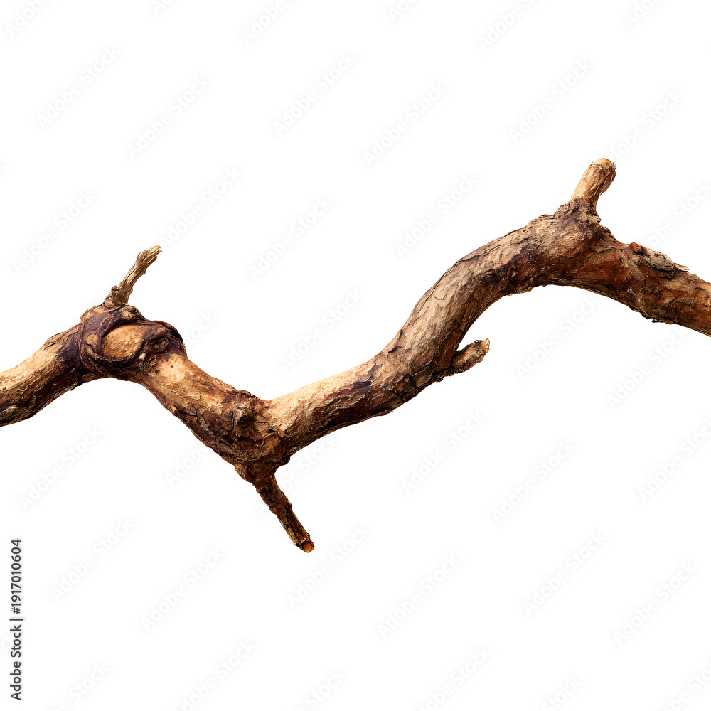 Fototapeta premium Twisted and gnarled tree branch against a white background