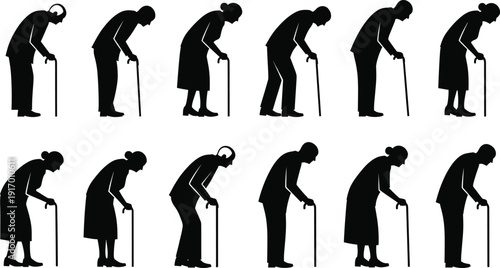 Elderly people silhouette set with canes showing hunched postures and diverse mobility stances, vector artwork