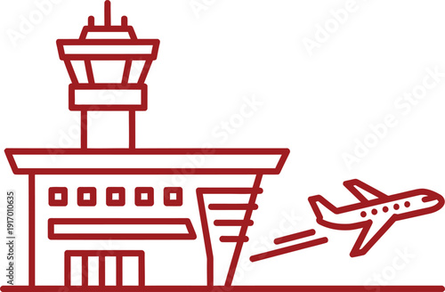 Airport control tower and airplane taking off