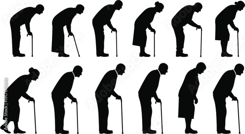 Elderly people silhouette set with canes showing diverse postures and mobility stances, vector artwork