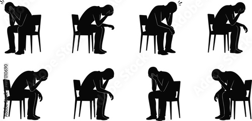 Silhouette Illustration of Eight Seated Figures in Distressed and Contemplative Poses for Mental Health and Emotional Awareness Themes