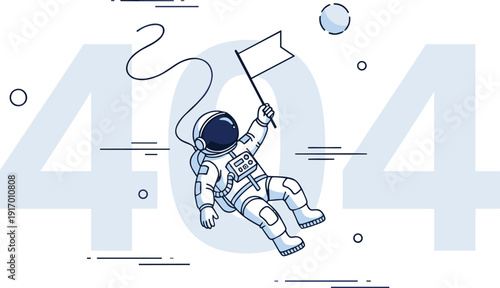 404 error page illustration with floating astronaut, white flag, and space-themed design for broken link or missing content