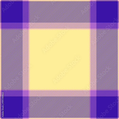 Softness plaid fabric pattern, warm vector tartan texture. Tiny background check seamless textile in yellow and indigo colors.