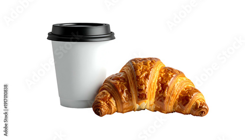 A white to-go coffee cup with a black lid beside a golden, flaky croissant on black