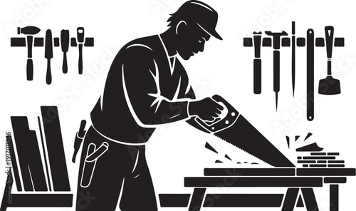 Black and white of a man cutting wood with a handsaw