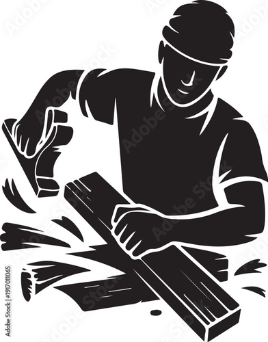 Black and white of a person cutting wood with a hand saw