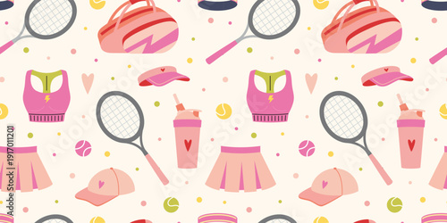 Seamless pattern with women sport and tennis items including racket and sportswear. Active lifestyle and fitness concept. Trendy modern vector illustration on light background, hand drawn, flat