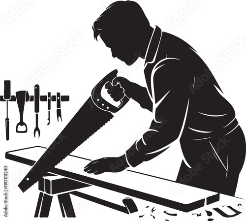 Black and white of a person sawing wood on a workbench