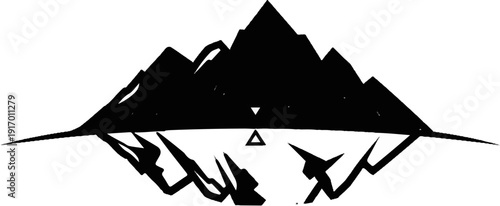 Stylized mountain range silhouette reflected in water, with abstract triangles