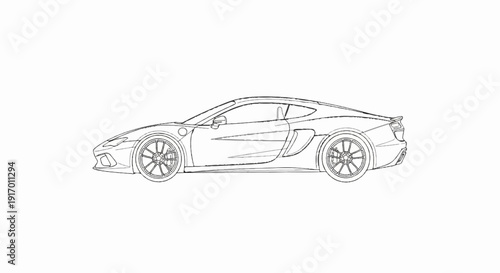 Sleek sports car outline, black and white sketch on a clean background
