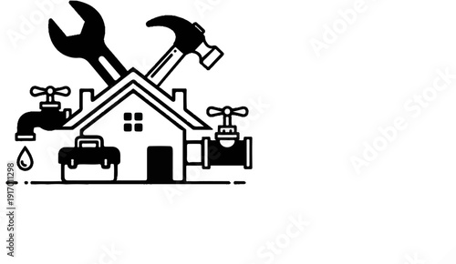 Stylized home with tools and plumbing symbols