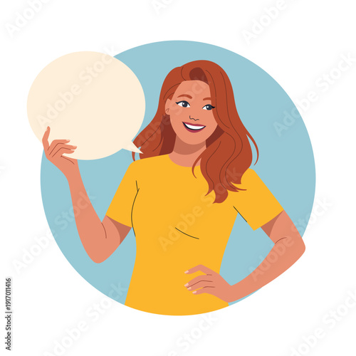 A cartoon woman in a yellow shirt holding a speech bubble and smiling confidently