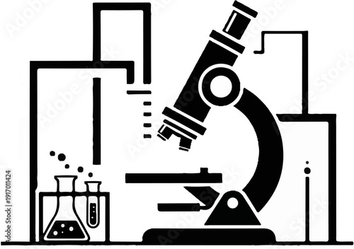 Black and white icon of a microscope and laboratory equipment