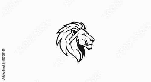 A stylized black and white profile of a lion's head with a majestic mane