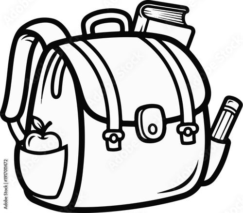 A simple black and white drawing of a school backpack with supplies