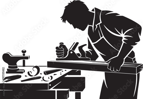 Black and white of a person using a hand plane on a wooden board