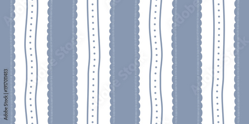 Playful vertical band pattern scallop edge and stitched stroke. Seamless blue striped pattern. Modern coastal style for home decor, stationery, wallpaper, wrapping, textile print