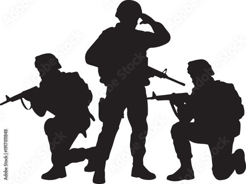 Three soldiers in military uniform holding rifles in various combat poses