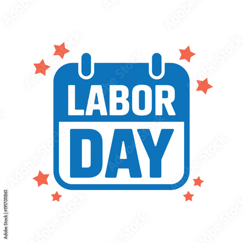 A blue and white Labor Day graphic with red stars on a white background
