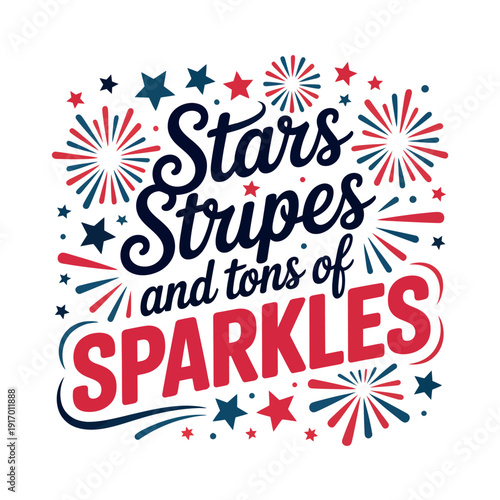 A colorful graphic design featuring stars, stripes, and sparkles for a festive celebration