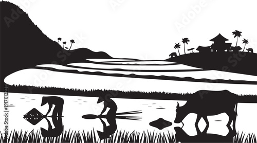 Black and white of a tropical landscape with water and animals