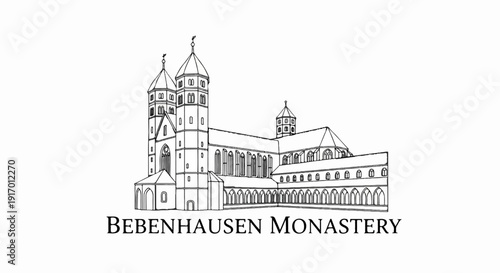 Line drawing of a large, historic monastery with multiple towers and arched cloisters
