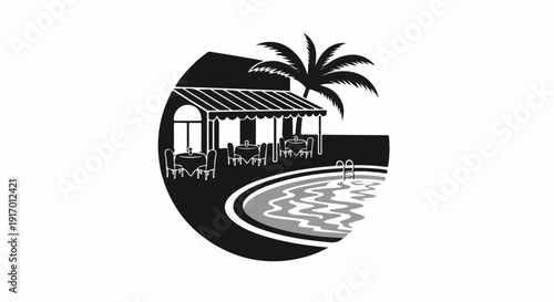 Outdoor dining by a pool under a palm tree