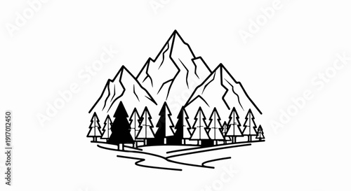 Stylized mountain range with pine trees and winding paths