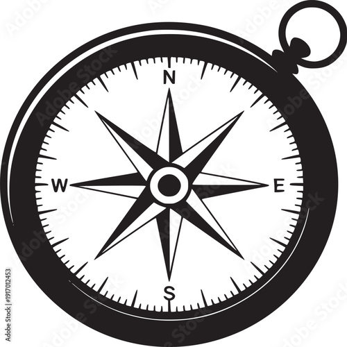 A black and white compass with north south east and west directions on a white background image view