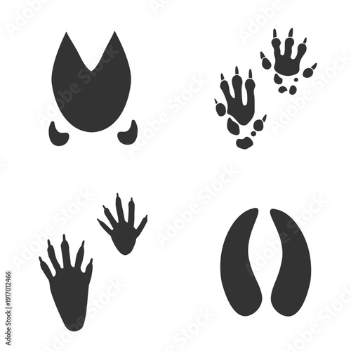 Footprints of  Animal, Traces of a Hedgehog, Deer, Raccoon and Pig on white background.  Silhouette animal tracks in gray. Paw Print for your  design. Vector illustration. EPS10.