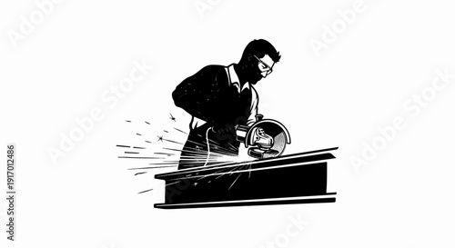 A worker in safety glasses grinds a metal beam with a circular saw