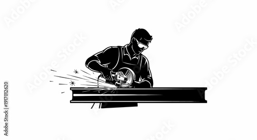 A silhouetted worker grinds a metal beam, sending sparks flying