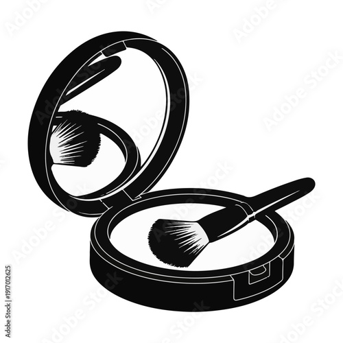 Open Compact Powder with Makeup Brush Black and White – Cosmetic Beauty Vector Icon