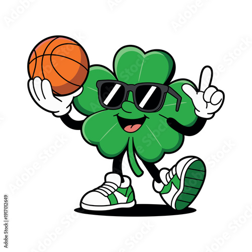 A cartoon four-leaf clover character holding a basketball and wearing sunglasses