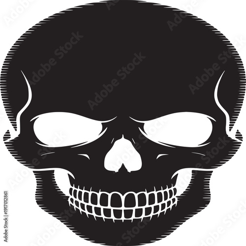 A black and white illustration of a skull with detailed teeth and striped edges on a white background