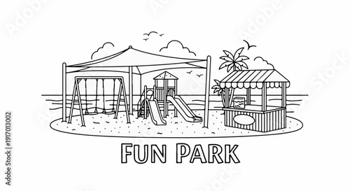 A seaside playground with swings, slides, and a refreshment stand