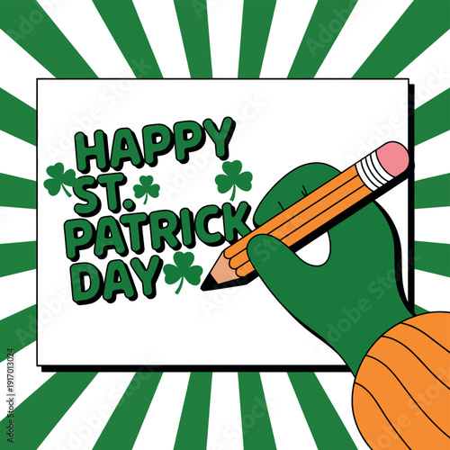 A cartoon hand holding a pencil writes Happy St. Patrick's Day on a card with a green and white striped background