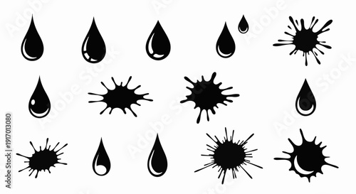 Black ink drops and splatters in a grid layout on white background
