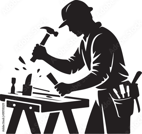 Black and white silhouette of a carpenter hammering wood on a workbench