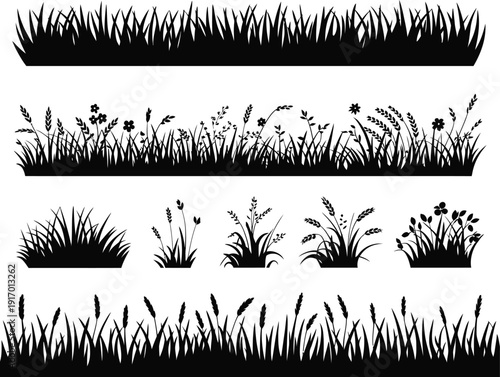Wild Meadow Grass Silhouette Collection in Solid Black with Border and Isolated Designs