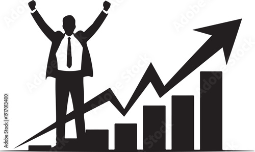 Black and white silhouette of a person celebrating on a rising graph