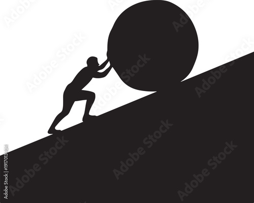 A solitary man in silhouette struggles to push a massive round boulder up a steep incline