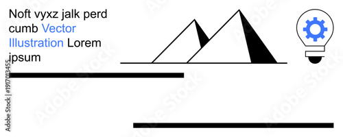 Business development, innovation, digital design, teamwork, branding, conceptual planning. Minimalist design with pyramids, text placeholders and a gear light bulb icon. Business development