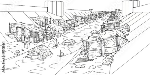 Slum settlement in a concrete ditch with makeshift tents and water