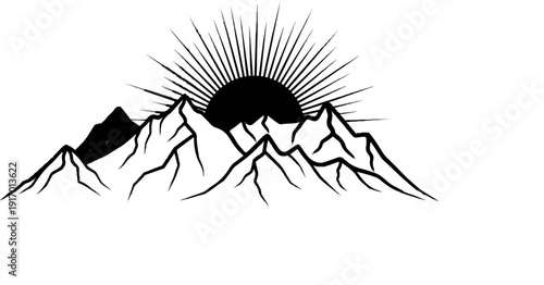 Stylized mountain range with a radiating sun silhouette at dawn or dusk
