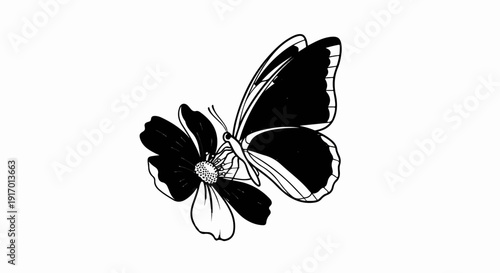 A stark black and white illustration of a butterfly alighting on a dark flower