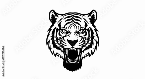 Fierce black and white tiger face with bared teeth and stripes