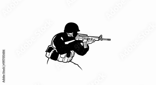 Soldier aims a rifle, equipped with helmet and ammo pouches